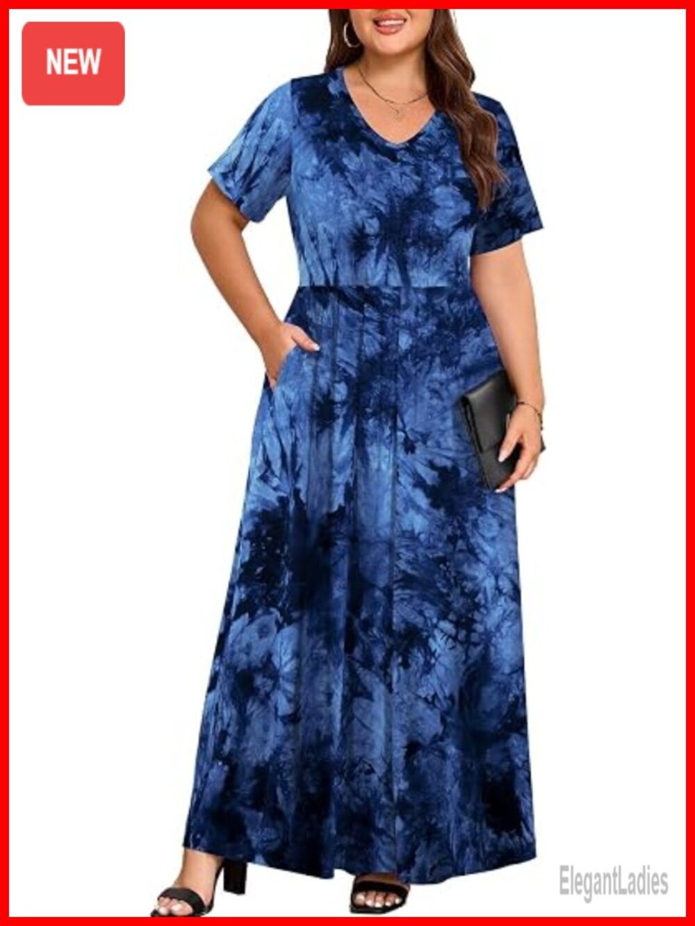 Plus Size Maxi Dress with Pockets Short Sleeve V Neck Summer Casual Loose Flowy